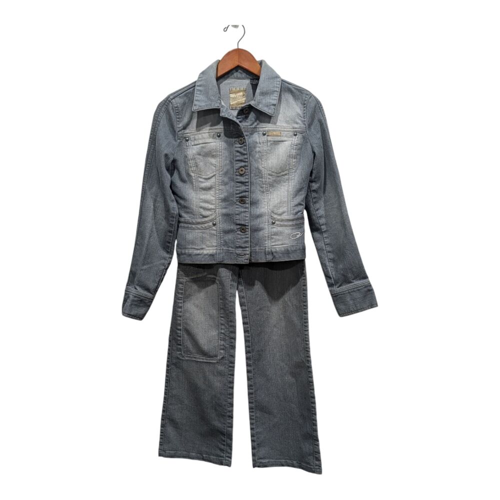 Vintage Lady Enyce Distressed Denim Jacket 90s Y2K Bootcut Jean Suit Set, M/28